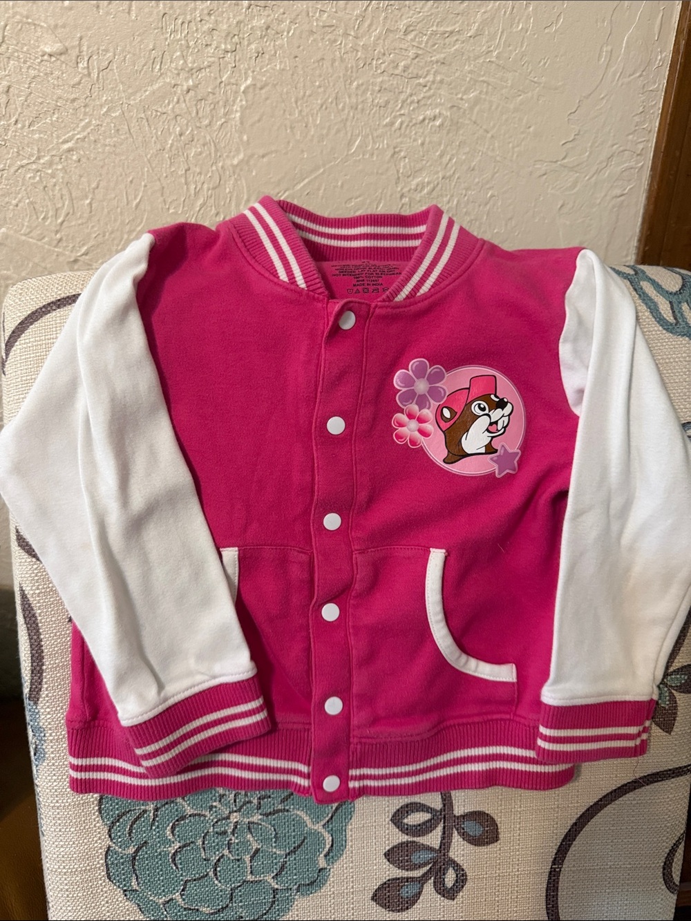 Girls Pink and White Baseball Jacket with Cartoon Patch Buc-ees 2T